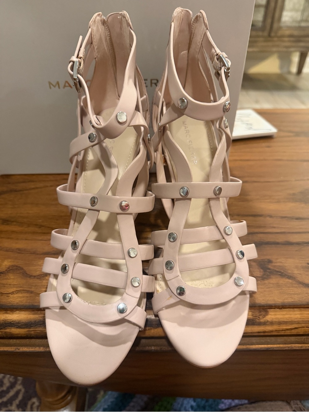Marc Fisher Pale Pink Stud-Embellished Strappy Heels
